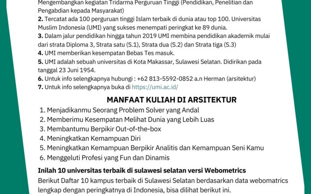Inilah 10 universitas terbaik di sulawesi selatan versi Webometrics Berikut Daftar 10 kampus terbaik di Sulawesi Selatan berdasarkan data webomatrics lengkap dengan peringkatnya di Indonesia, bisa