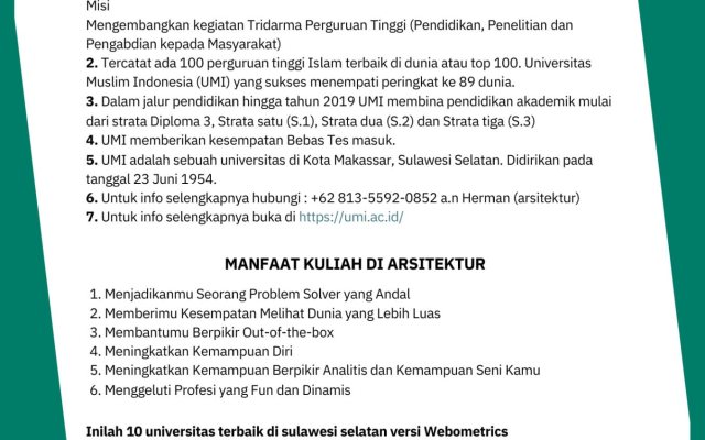 Inilah 10 universitas terbaik di sulawesi selatan versi Webometrics Berikut Daftar 10 kampus terbaik di Sulawesi Selatan berdasarkan data webomatrics lengkap dengan peringkatnya di Indonesia, bisa